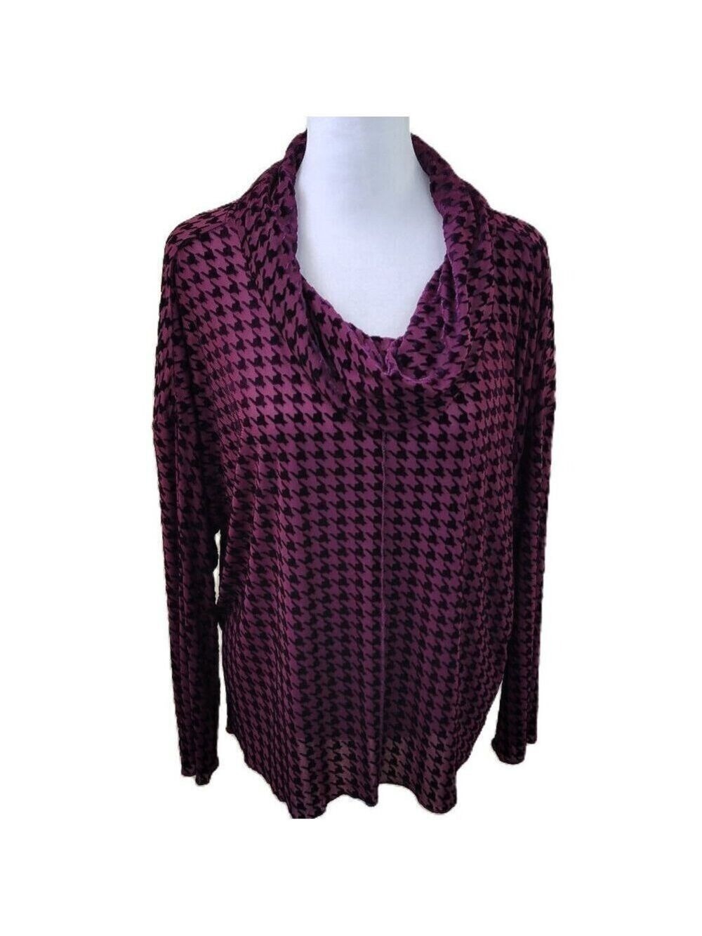 LIV by Habitat Clothes Burgundy Velvet Mesh Houndstooth Sheer Cowl Top Size M